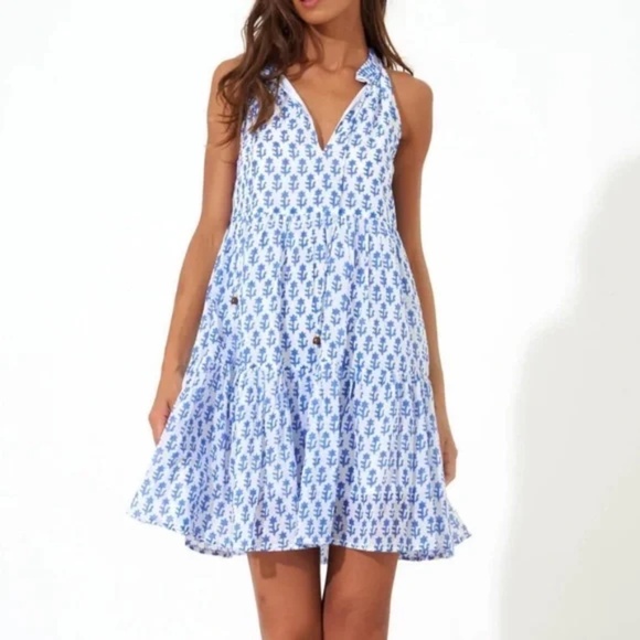 Oliphant Dress New Sleeveless Tiered Short Dress Flora Blue summer flare dress - Picture 8 of 9